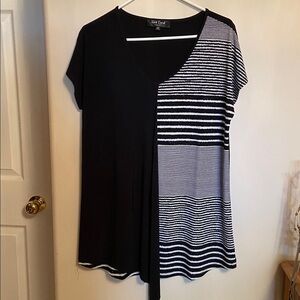 Red Coral Black and White Striped V-Neck Top